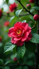 Obraz premium Red camellia blooming on a tree branch with lush foliage, flowers, branch