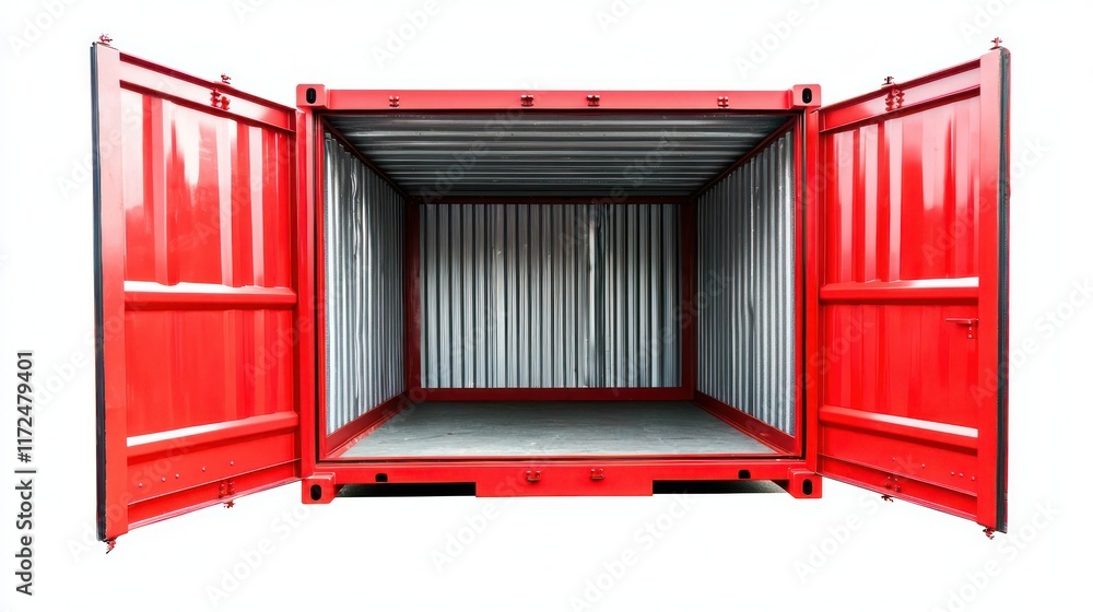 Poster a bright red cargo container with open doors, revealing an empty interior, placed on a white backgro