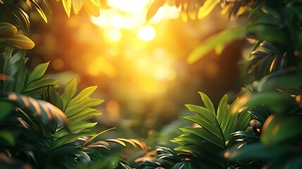 A border of dense green tropical foliage kissed by the golden and orange tones of sunset, soft light creating depth and highlights, clean center left blank for text, immersive and vibrant, hd quality.