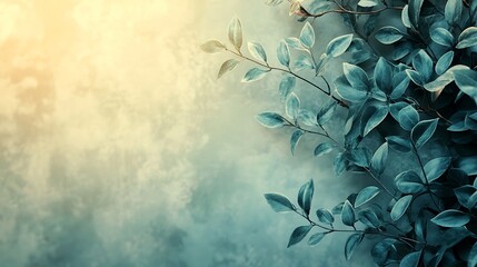 A border of narrow, delicate leaves styled in a sleek, linear arrangement, soft natural lighting and muted greens providing a modern look, the center left open for text, simple and refined,