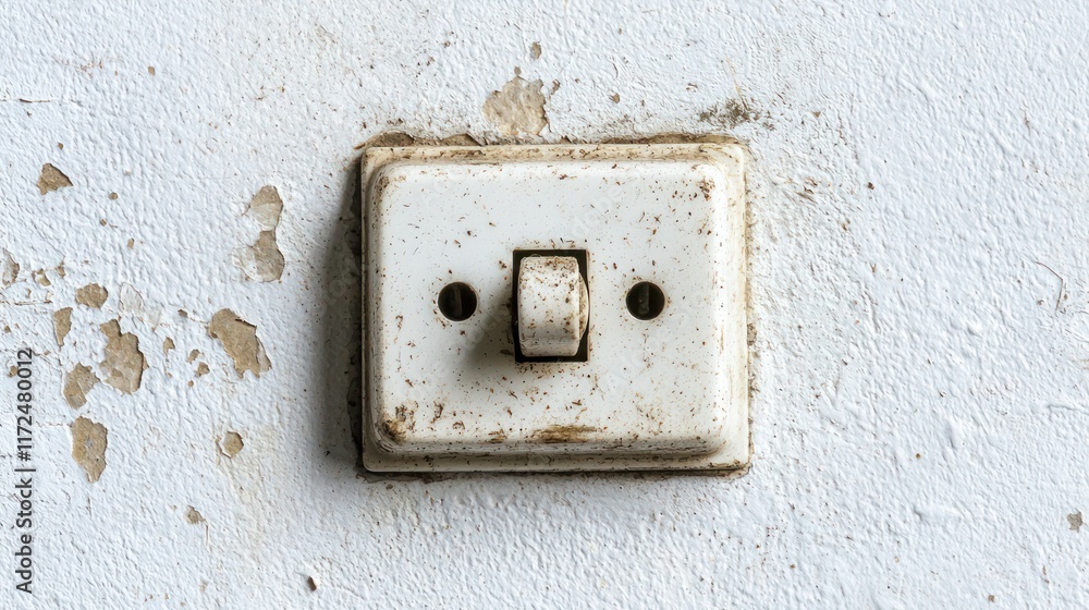 Poster a close-up of a traditional toggle light switch in the 'off' position, centered on a white backgroun