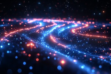 Obraz premium Abstract swirling blue and red glowing particles.