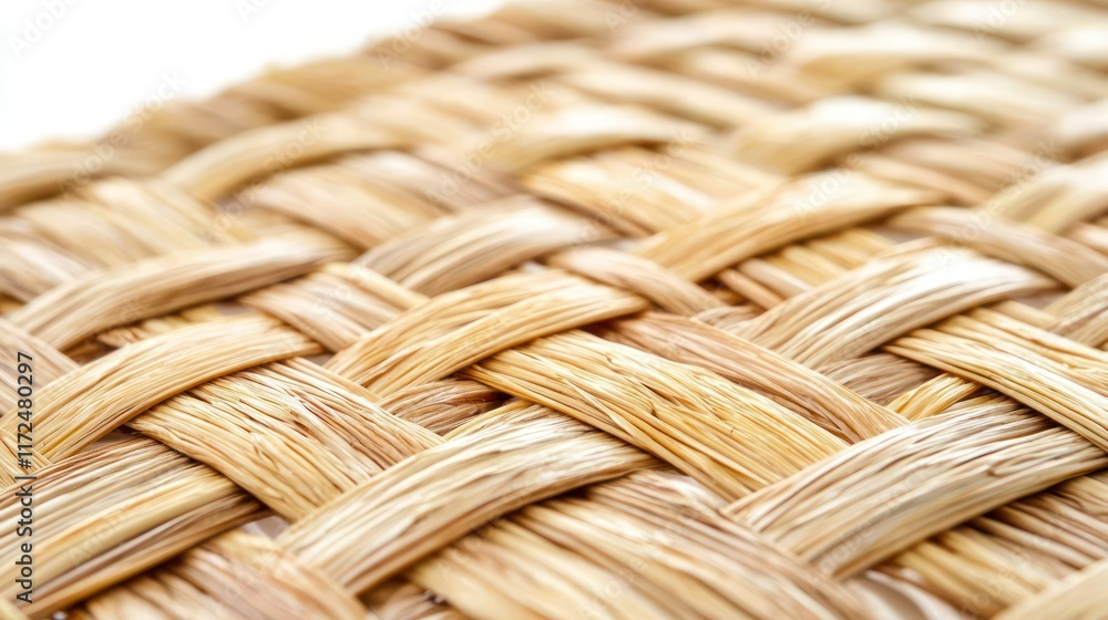 Poster a close-up view of a rattan placemat with a spiral weave pattern on a bright white background, showi