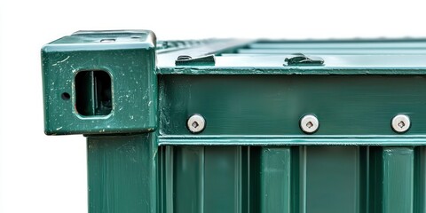 A close-up of the corner of a green cargo container, highlighting the lock mechanisms and reinforced steel edges, set against a white background.
