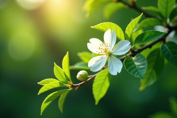 Fototapeta premium A single white fringe flower on a Chinese Fringe tree branch with sunlight filtering through, , evergreen tree, branch