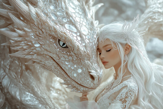 Beautiful Pearl White Dragon with Girl