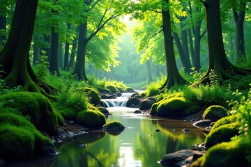 Gentle stream flowing through peaceful forest landscape, green, tranquil