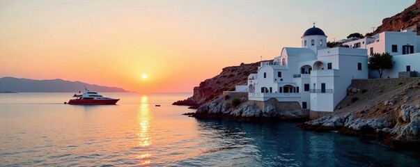 Fototapeta premium Yacht at sunset near a picturesque white-washed church on a hill overlooking the sea in Santorini, whitewash, sea