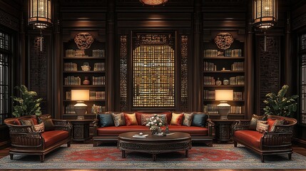 Obraz premium wooden furniture with intricate carvings, silk cushions and throws, dark wood bookshelf
