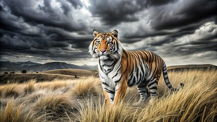 Fototapeta premium Majestic Black and White Tiger in Serengeti-like Landscape