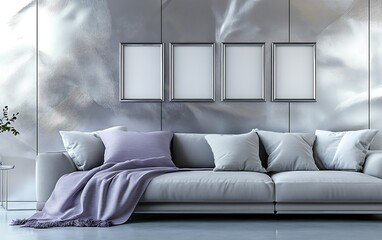 Modern living room, gray sofa, metallic wall, empty frames, interior design mockup.