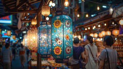 Colorful lanterns illuminate a bustling night market, showcasing vibrant culture and diverse shoppers amidst the lively atmosphere.