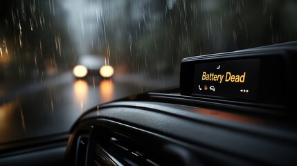 Dashboard Notification of Battery Dead on Rainy Night with Blurred Headlights and Droplets on Windshield, Symbolizing Car Troubles and Poor Visibility