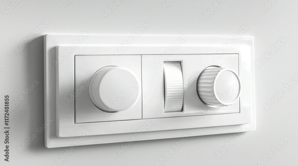 Poster a light switch with a dimmer knob and slider control, isolated on a white background, showing the ve