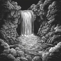 Monochrome illustration of a powerful waterfall cascading down rocky cliffs into a pool.