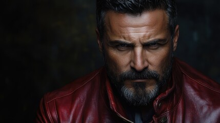 Obraz premium Intense Gaze of a Mature Man in a Red Leather Jacket