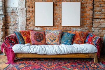 Bohemian Chic Living Room Interior with Colorful Pillows and Rug