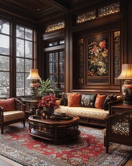 gold inlaid furniture, antique porcelain vases, red and black accents in decor, intricately patterned carpets