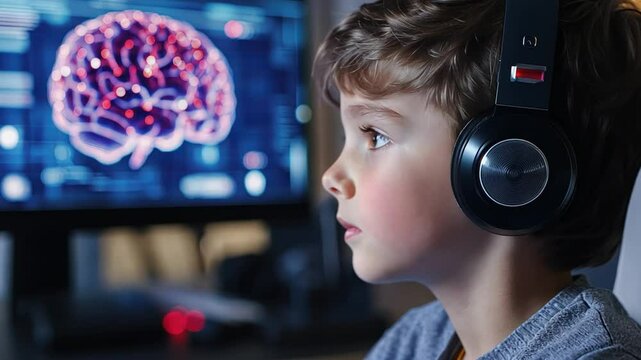 A boy practices brain training hobbies to improve his problem-solving skills using interactive neurofeedback games.