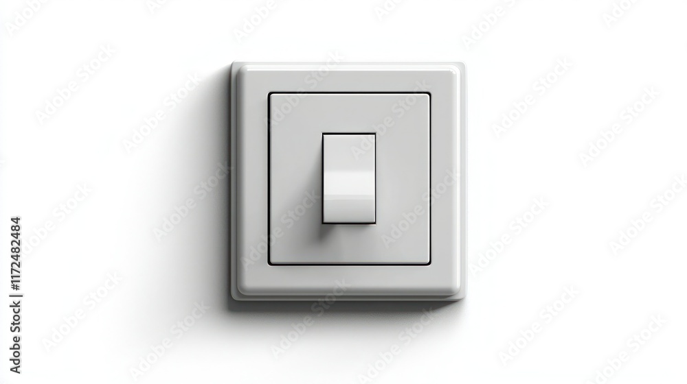 Poster a plain, square light switch in the 'on' position, centered on a white background with light shadows