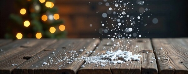 Snowflakes gently fall on rustic wooden table, seasonal decor, warm lighting, holiday season