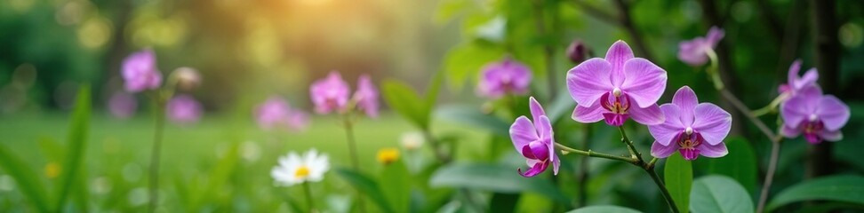 Delicate orchid purple flowers blooming in a lush green garden, foliage, blossoms