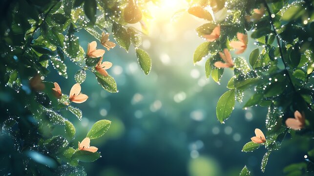 A crisp morning frame with layers of leaves adorned by shiny dew droplets, the light reflecting softly off the surfaces, leaving a clean central area for text, serene and vivid, hd quality.