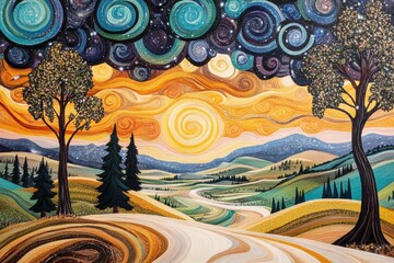 Obraz premium Whimsical Landscape with Swirling Sky and Rolling Hills