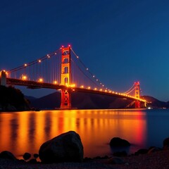 Obraz premium Golden light illuminating the red bridge at night, night, landscape