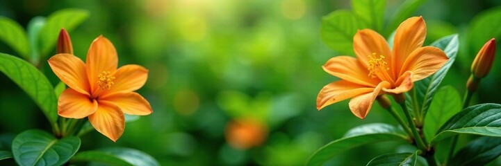 Naklejka premium lush green foliage and orange jasmine flowers in a garden, serene, aromatic, garden