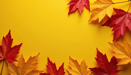 Fototapeta premium Round shapes of autumn leaves in shades of brown and red against a yellow background, earthy tones, fall colors