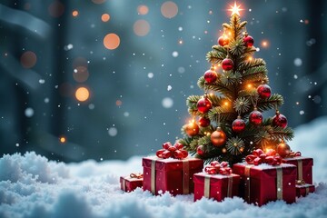 Frosty snowflakes gently fall around a sparkling Christmas tree amidst wrapped red gift boxes, christmas tree, gift boxes, holiday season