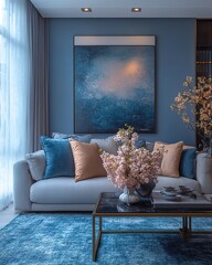 Modern Living Room Blue Sofa with Decorative Painting