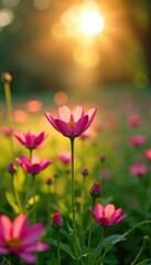 Fototapeta premium Morning sun shining on pink flower blooms in the meadow, grassy, meadow