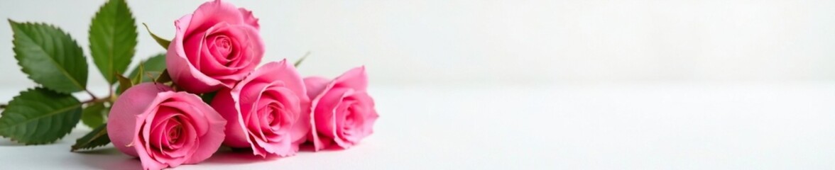Fototapeta premium A bunch of fresh pink roses on a white surface, white, pink, fresh
