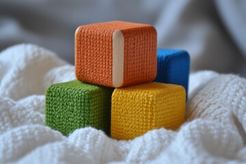 Colorful Knitted Cubes on White Knitted Blanket