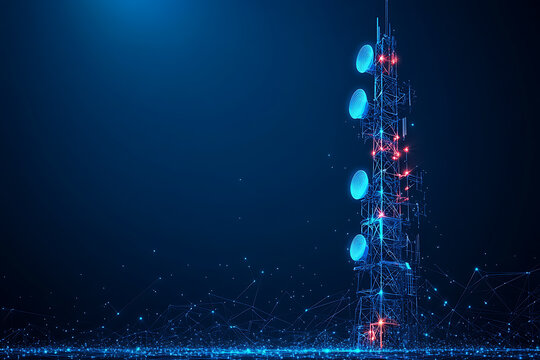 telecommunication base station receiver, featuring a tall tower with multiple antennas, dishes, and signal transmitters. The design highlights modern telecommunication technology