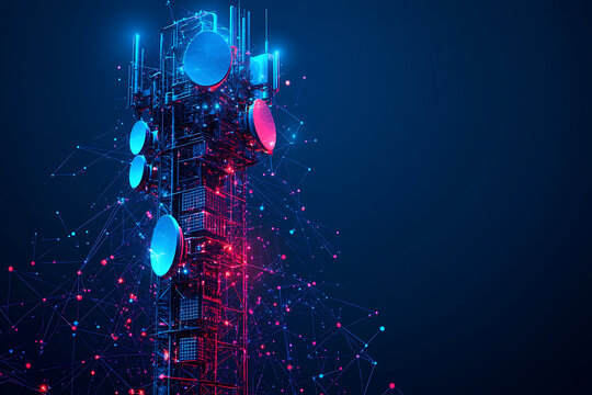telecommunication base station receiver, featuring a tall tower with multiple antennas, dishes, and signal transmitters. The design highlights modern telecommunication technology
