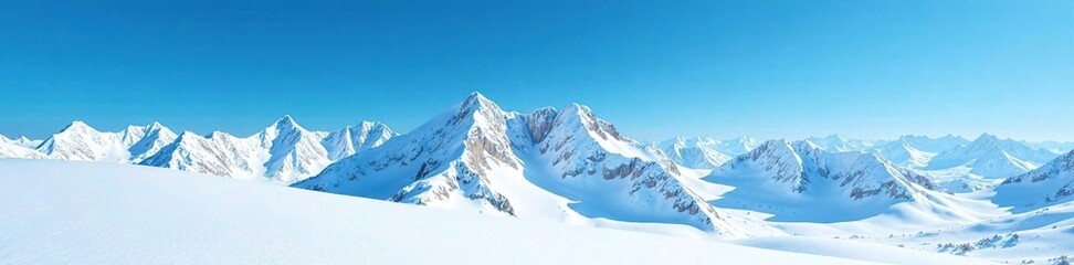 Snowy ridges stretch across the horizon against a backdrop of deep blue sky, mountainscape, snow, vastness