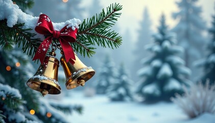 Snowy Christmas bells hang from ancient holly branch, Christmas tree ornaments, snowy landscape, snow-covered trees