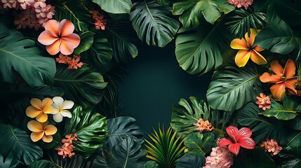 A dense border of overlapping tropical leaves with splashes of bright flowers such as frangipani and heliconia, vivid greens and radiant colors creating a vibrant contrast,