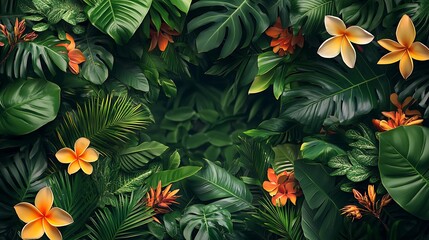 A dense border of overlapping tropical leaves with splashes of bright flowers such as frangipani and heliconia, vivid greens and radiant colors creating a vibrant contrast,