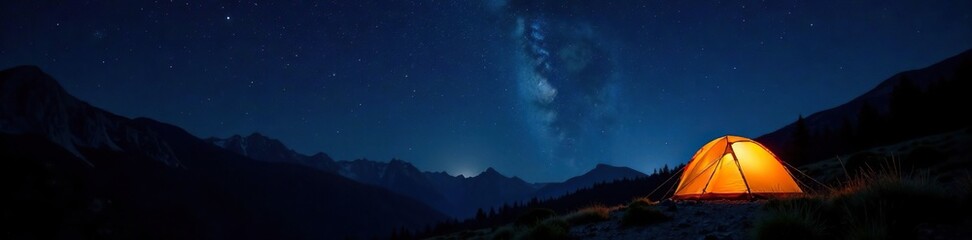 Fototapeta premium Tent under starry night sky with twinkling stars and moonlight, peaceful atmosphere, stars, wilderness, camping