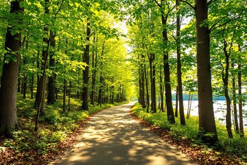 Obraz premium Sunlit forest with a tranquil path, green foliage, and shadows on the ground, creating a peaceful natural atmosphere. Ai generative
