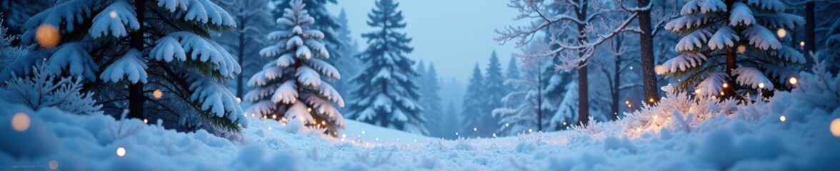 Obraz premium Snowy forest with delicate snowflakes and twinkling lights, glittering, twinkling lights, pale blue sky