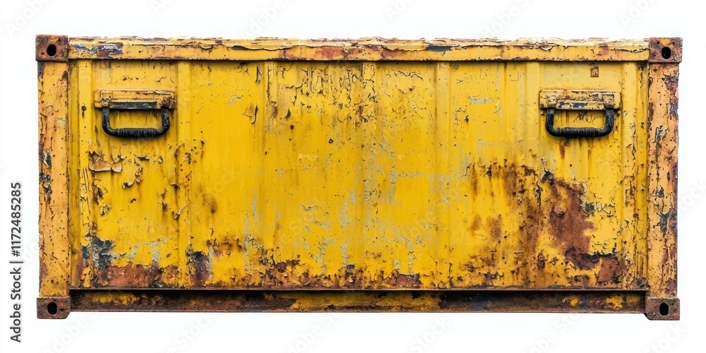 Poster a yellow cargo container with visible wear and rust marks, isolated on a white background to emphasi