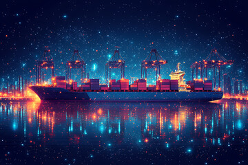 Obraz premium bustling trade port featuring cargo ships, stacked shipping containers, cranes, and a dynamic waterfront. The scene emphasizes global trade, logistics, and commerce