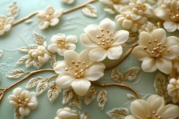 Elegant Pastel Green Cake Decorated with White Flowers and Gold Accents