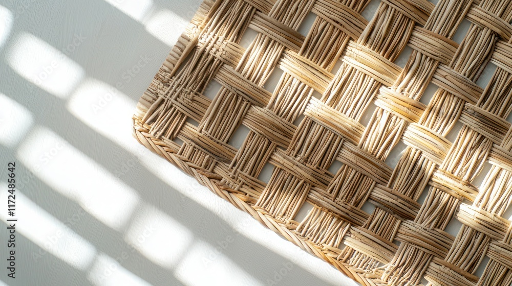 Poster an overhead shot of a rustic rattan placemat on a white background, with light shadows adding depth 