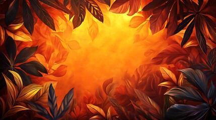 Fototapeta premium A dynamic border of overlapping tropical leaves, glowing softly with sunset tones of orange and yellow, intricate details highlighted by warm light, central area left open for text, lush and inviting,